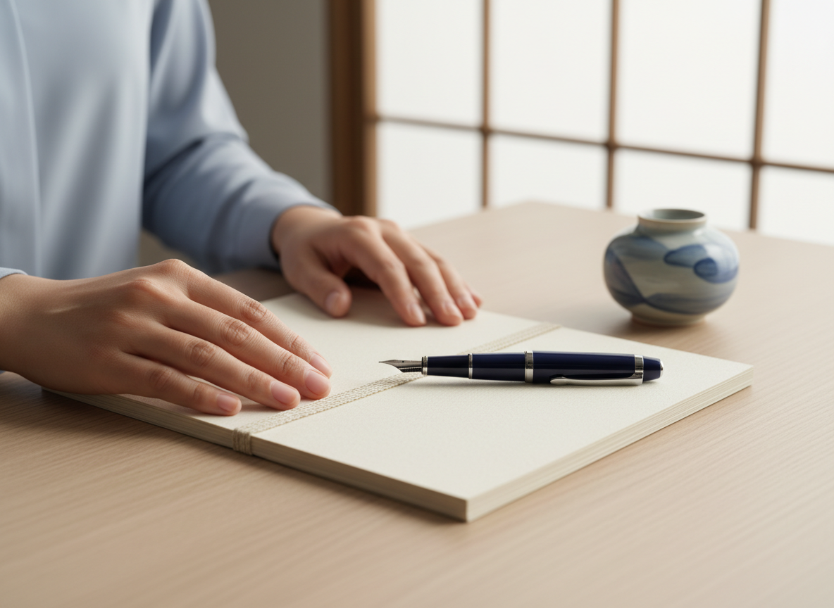 書類に万年筆を添える手元。丁寧で誠実な専門家の仕事の様子