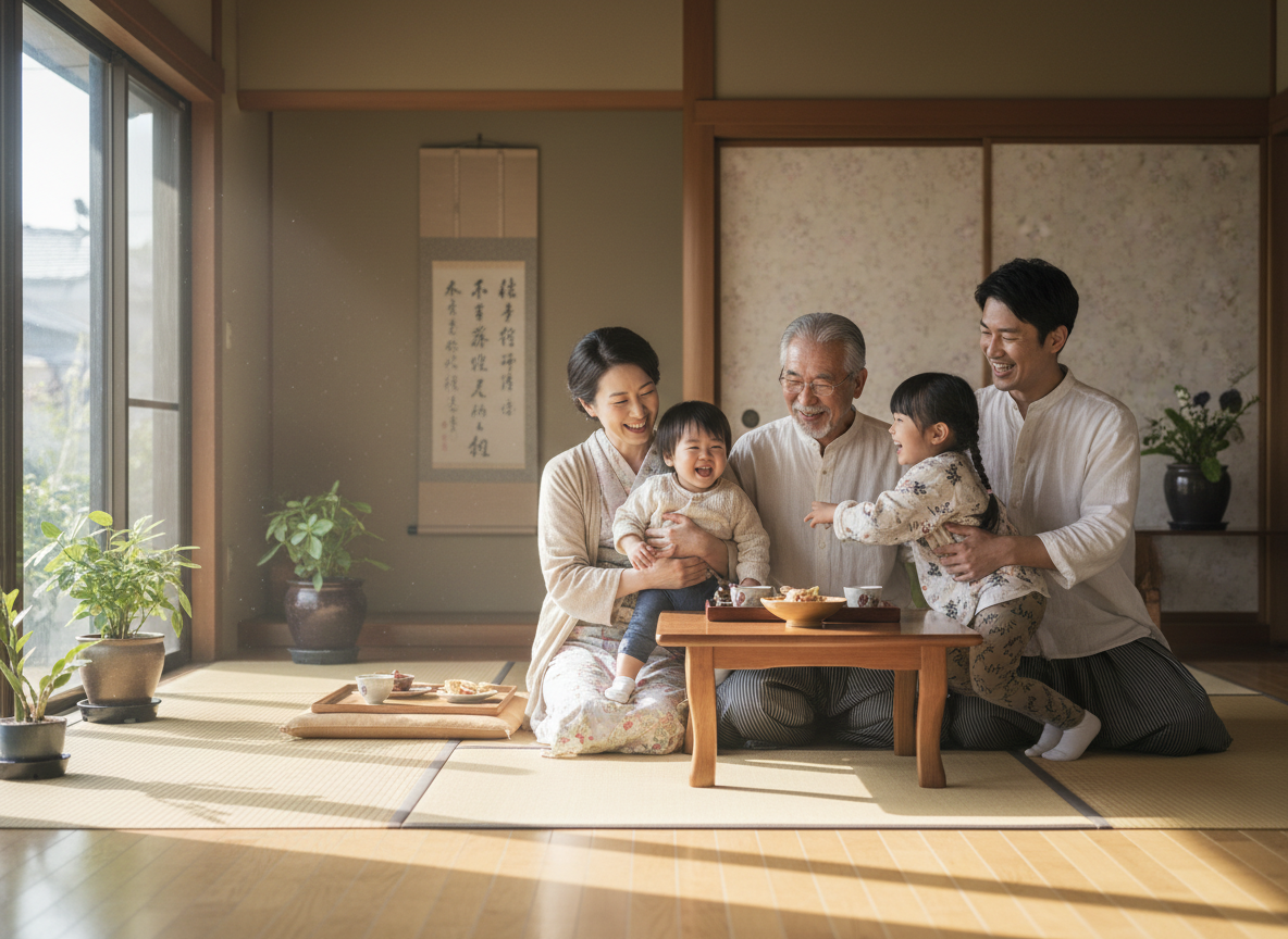 A warm and heartfelt Japanese family portrait — grandparents, parents, and young children together in a bright natural living room. Three generations smiling warmly together. Soft natural light through windows, tatami or wooden floor, gentle expressions, a deep sense of trust and togetherness. Photorealistic style, high quality.