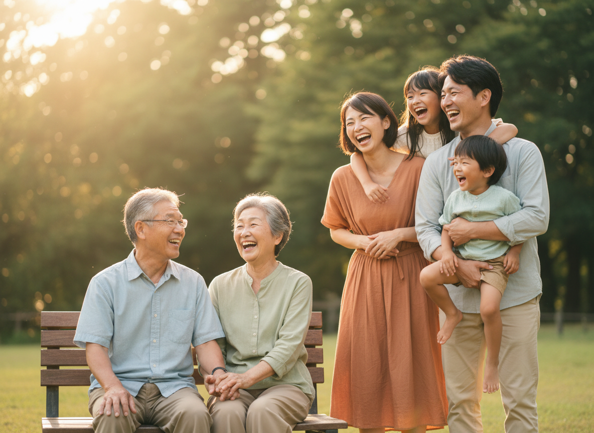 Three generations of a happy Japanese family — grandparents, parents, and young children — all smiling warmly together outdoors in a beautiful park with soft natural sunlight. Warm, heartfelt, cinematic and photorealistic atmosphere.