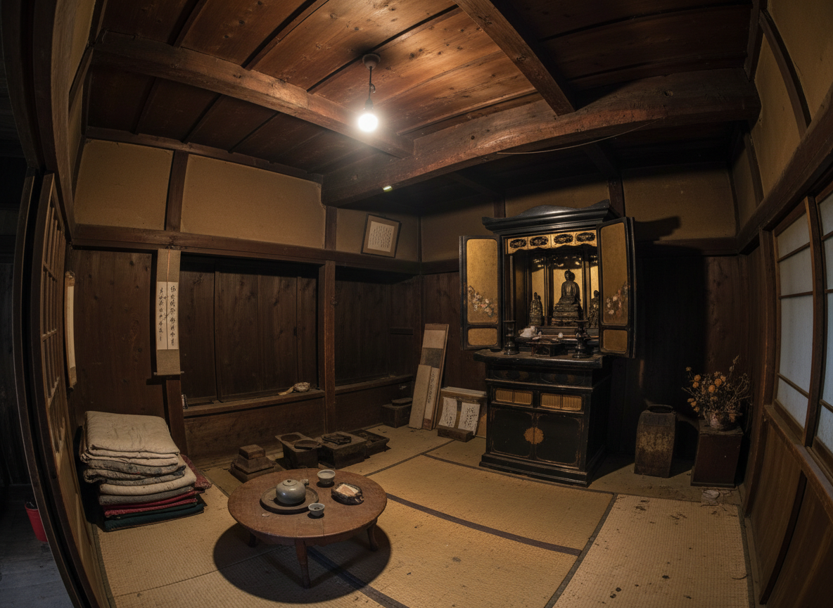 A wide-angle interior shot of a small, old, dark traditional Japanese house room. Aged wooden walls and ceiling beams, worn tatami mats, narrow cramped space. Various household items scattered around. Against the far wall, an antique black lacquered Buddhist altar (butsudan) with gold decoration and doors open — the altar takes up about one-third of the frame height, clearly visible but not dominating. The room and its aged atmosphere are the main subject. Dim warm lighting from a single ceiling bulb. Photorealistic, wide shot showing the full room.