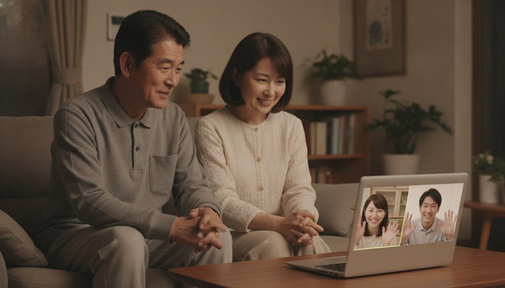 自宅のリビングで、離れて住む子どもたちとパソコンでオンライン相談をするご夫婦（イメージ）