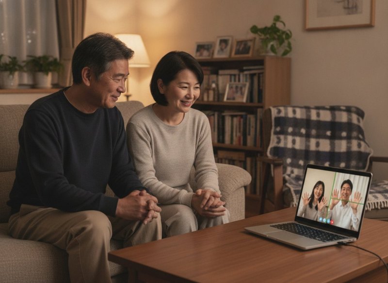 夜、自宅のソファでくつろぎながらオンラインで家族と話すご夫婦（イメージ）
